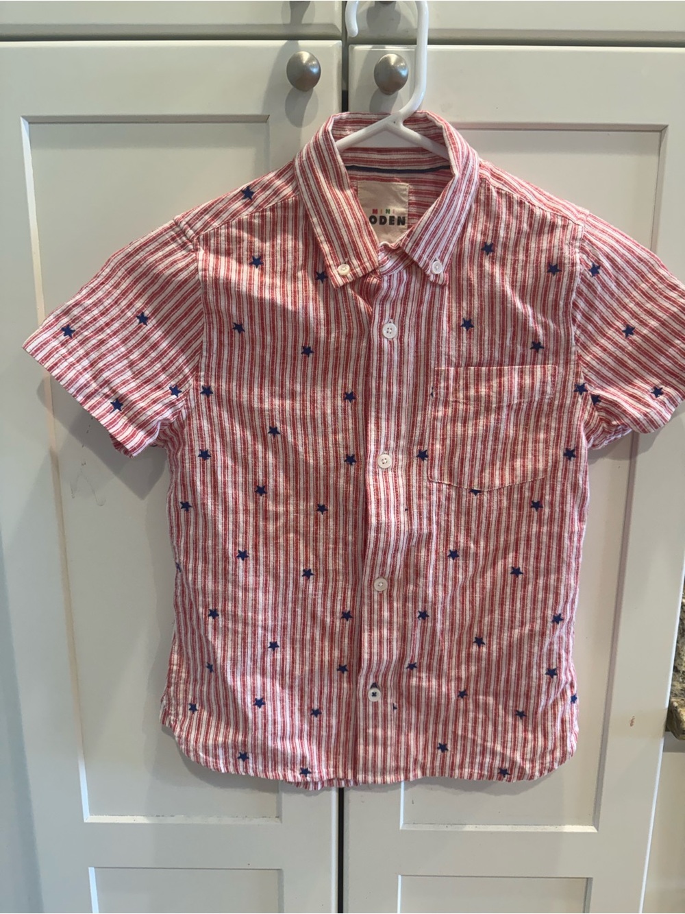 NWOT Mini Boden Red Stripe Short-Sleeve Shirt with Blue Star Print